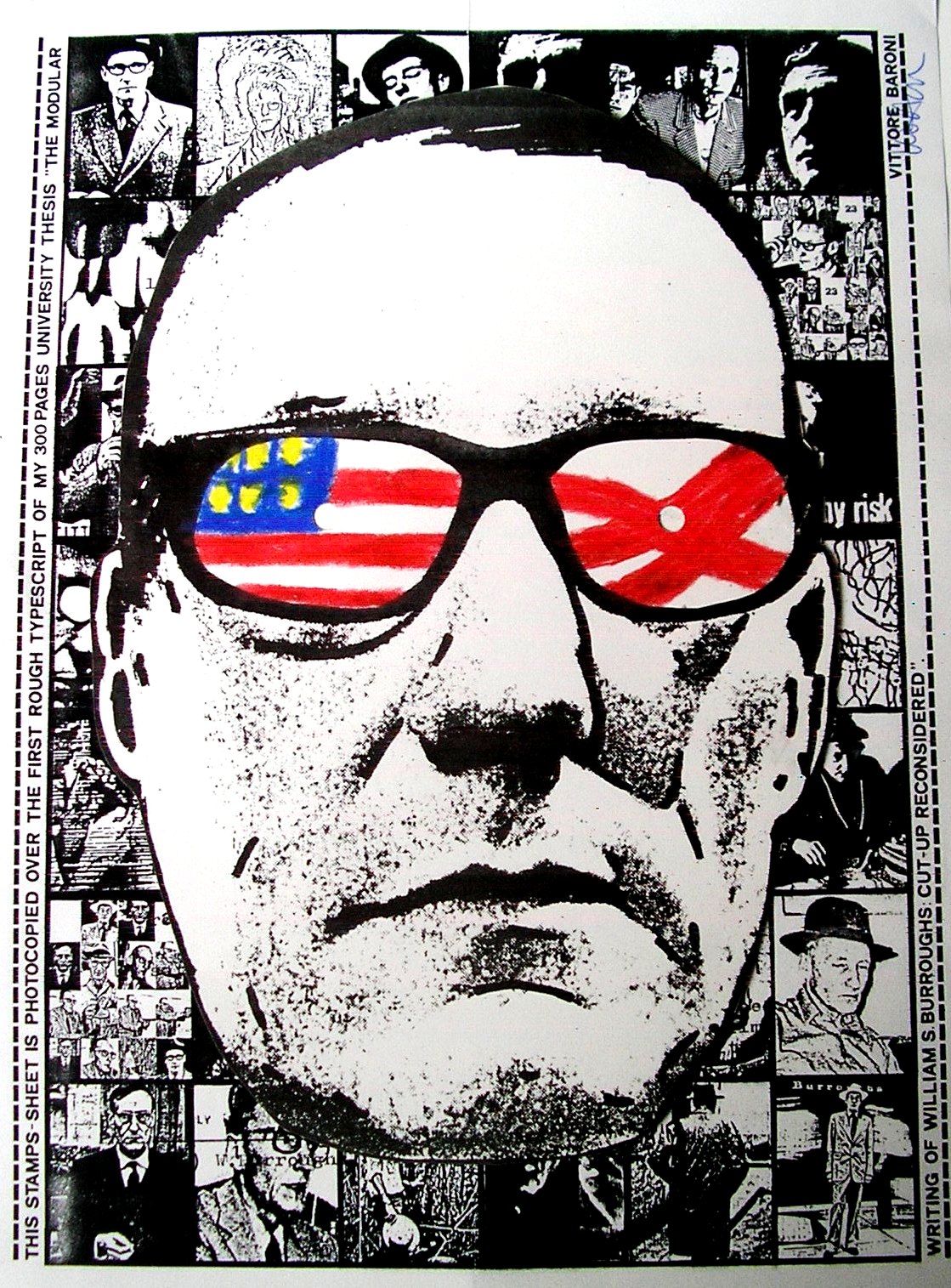 William S.Burroughs - Maschera e francobolli da TRAX The Brain Factory, di Vittore Baroni